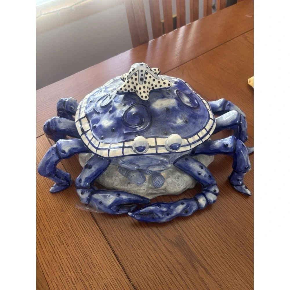 Diane Allen Stoneware Blue And White Ceramic Crab Rare 2002 Lidded Dish Seashore